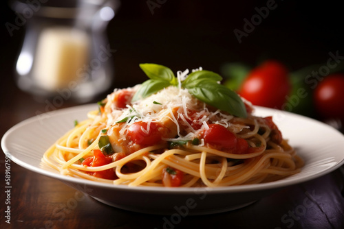 Delicious spaghetti with tomato sauce and Parmesan cheese