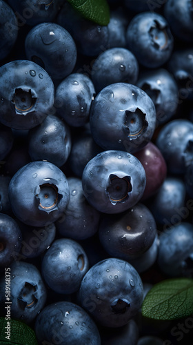 Fresh blueberries fruit pattern background,close up. 9:16 Generative AI