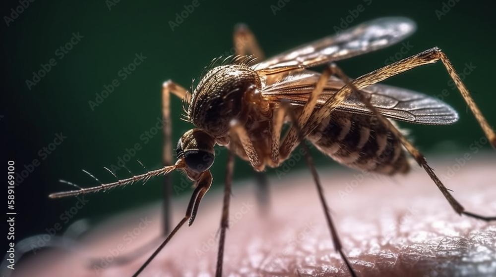 Malarial mosquito sits on a human arm. Generative AI Malarial mosquito sits on a human arm. Generative AI