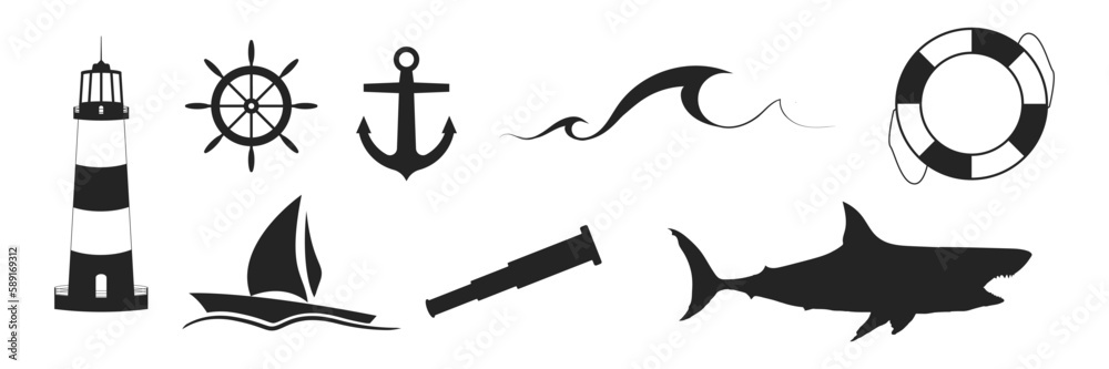Lighthouse illustration. Boat anchor and yacht steering wheel. Vessel with sail. Vector collection.Ship equipment.