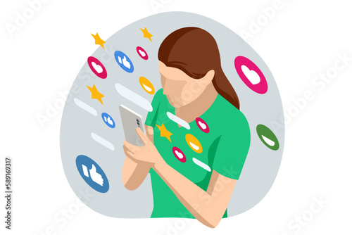 Isometric Social Media Addiction, Influence, Popularity, Modern Lifestyle, and Ad Concept. Woman touch smartphone, chatting, talk in virtual social networks or watch online news, stories and video.