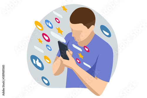 Isometric Social Media Addiction, Influence, Popularity, Modern Lifestyle, and Ad Concept. Man touch smartphone, chatting, talk in virtual social networks or watch online news, stories and video