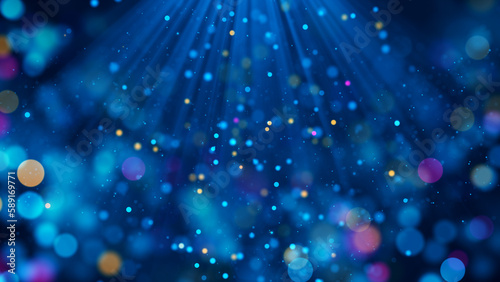 Abstract Optical Blue Red Orange Shiny Blurry Focus Circle Bokeh Lights And Glitter Sparkle Dust Particles With Light Beam From Above Background