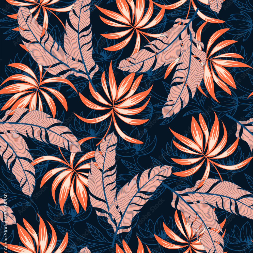 Abstract seamless tropical pattern with bright flowers and plants on a black background. Tropic leaves in bright colors. Vector design. Jungle print. Floral background. 