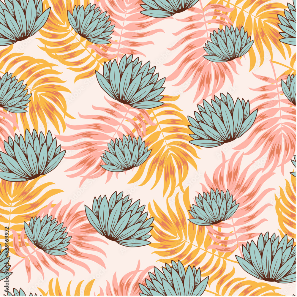 Abstract seamless tropical pattern with bright flowers and plants on a pastel background. Exotic wallpaper. Exotic jungle wallpaper. Trendy summer Hawaii print.