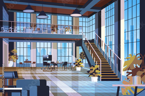 creative empty no people apartment modern loft interior of open space home office with furniture for corporate or freelance work