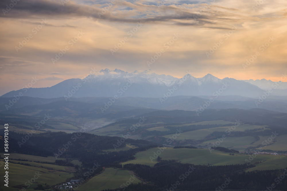 View of the Tatra maountains from the Three Cowns Peak in Pieniny at sunset Poland