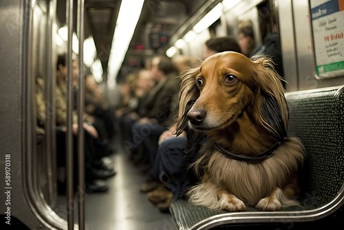 a dog animal on new york city subway underground metro train illustration generative ai