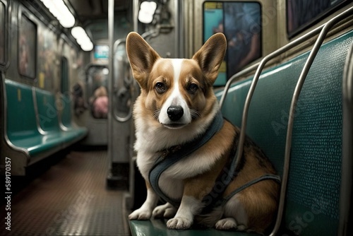 a dog animal on new york city subway underground metro train illustration generative ai