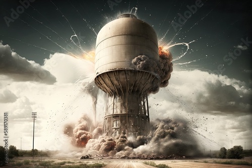 water tower exploding illustration generative ai