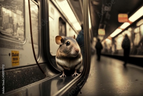 mouse animal on new york city subway underground metro train illustration generative ai