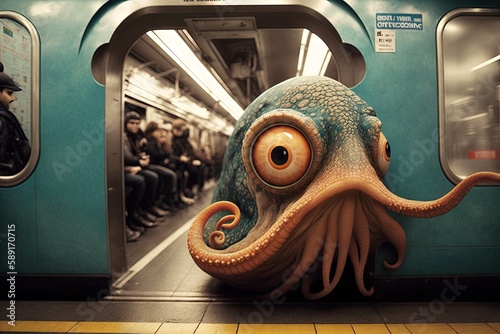 octopus animal on new york city subway underground metro train illustration generative ai