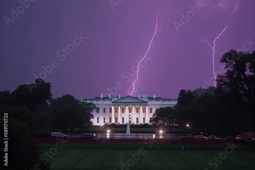white house washington DC lightining storm purple sky illustration generative ai