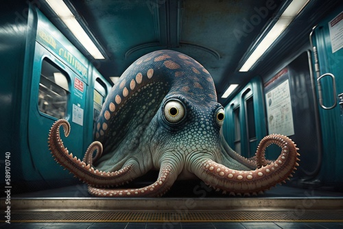 octopus animal on new york city subway underground metro train illustration generative ai
