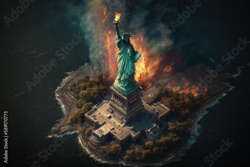 statue of liberty burning in new york city illustration generative ai