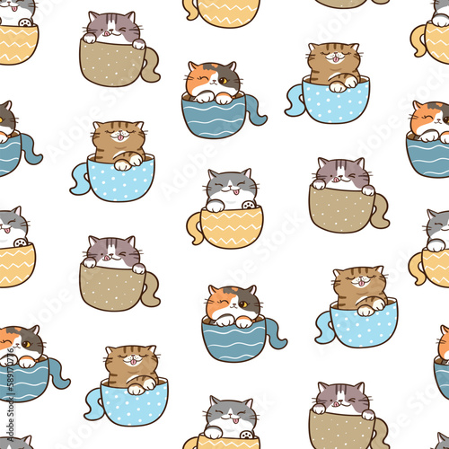Seamless Pattern with Cartoon Cat in Coffee Cup Design on White Background