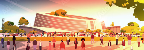 multiethnic people group walking outdoor mix race men women citizens crowd near futuristic building