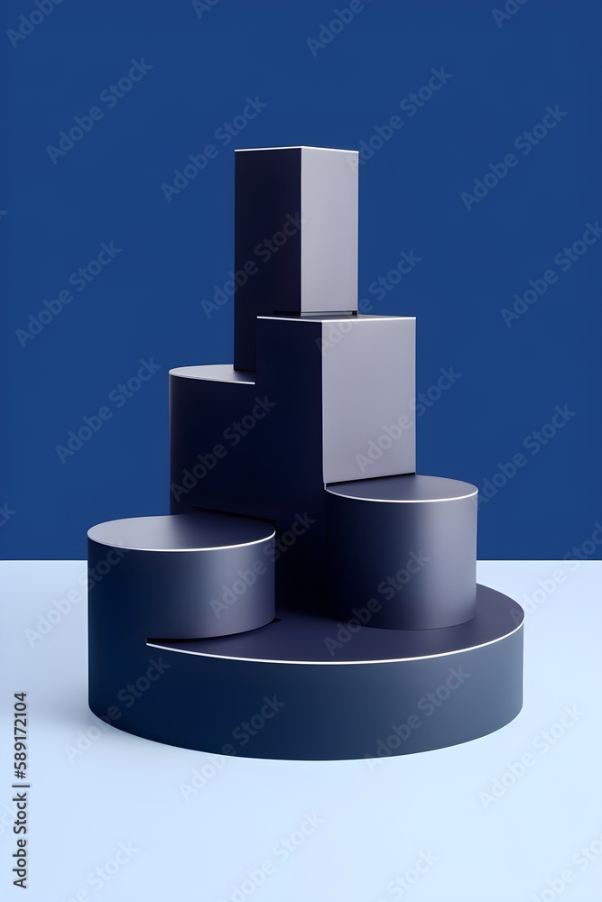 Simplicity and Minimalism: Creative product navy blue, podium/platform mockup, AI generated	