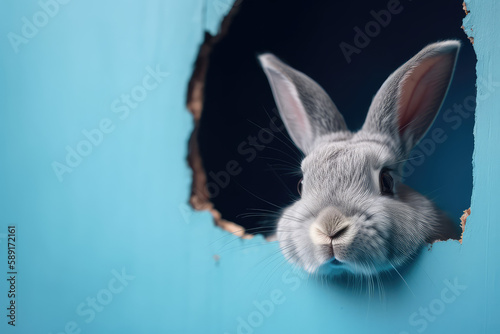A cute grey Easter bunny peeks out of a hole in the wall of a flat blue color. Copy space for text, minimal Easter banner template. A broken card wall with a hole window. Generative AI 