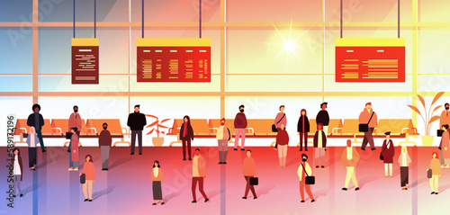 multiethnic people group mix race men women passengers at airport terminal horizontal