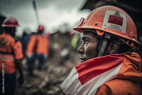 Rescue service man in helmet clears rubble of house after natural disaster in indonesia, Generative AI