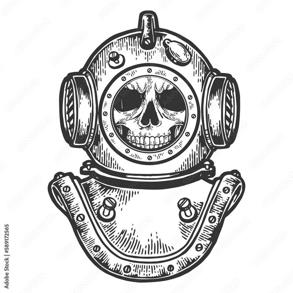 Human skull in diving helmet sketch engraving PNG illustration with