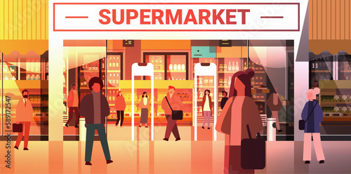 multiethnic people group mix race men women customers crowd near modern supermarket horizontal