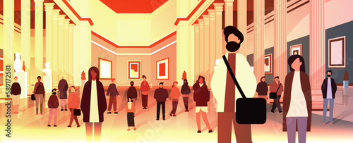 multiethnic people group mix race men women crowd in modern art gallery or museum horizontal