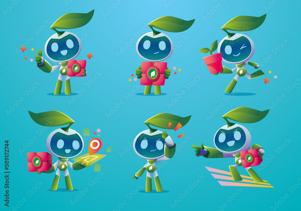 Fototapeta premium set of green leaf eco robot mascot character delivery collection 