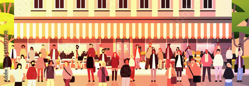 multiethnic people group walking outdoor mix race men women citizens crowd going along city street