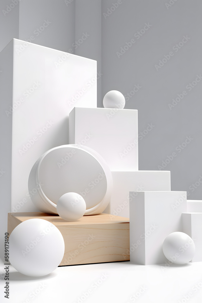 Fototapeta premium Illustration of still life of various white objects with color accent