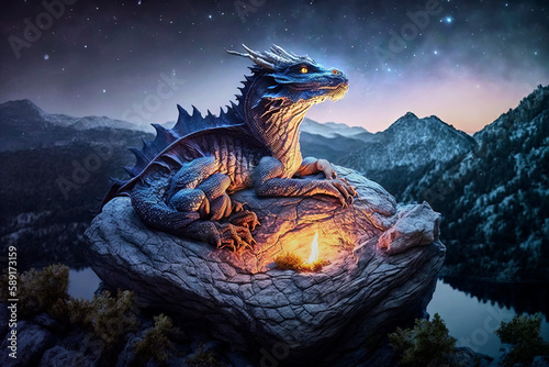 Night shot of a resting dragon resting on a rock with a small campfire, made with generative ai