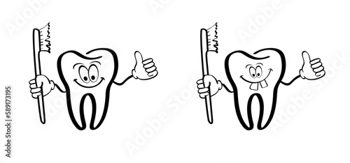 Cartoon tooth with gums and toothbrush. Molar pattern. Vector drawing silhouette icon. Damage teeth brush or tooth brush with caries. Cracked tooth, mouth and dental, damaged. For brush day.