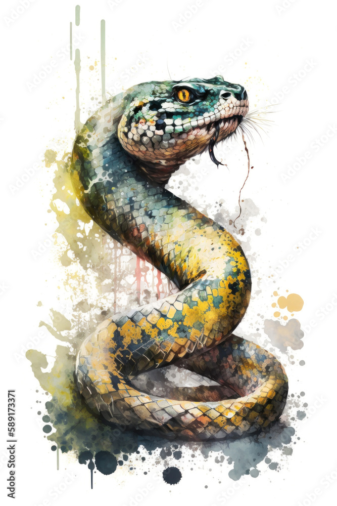 Fototapeta premium Illustration snake in watercolor. Animal on a white background, generative AI