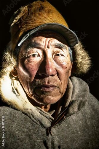 A senior Inuit man stares directly into the camera, his wrinkles and clothing standing out against a black background, made with generative ai photo