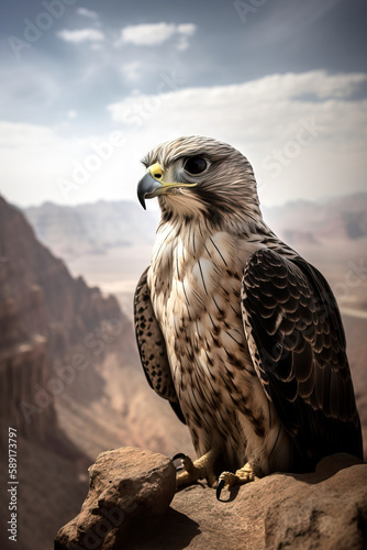 Hawk sits on a rock with a massive canyon in the background  made with generative ai