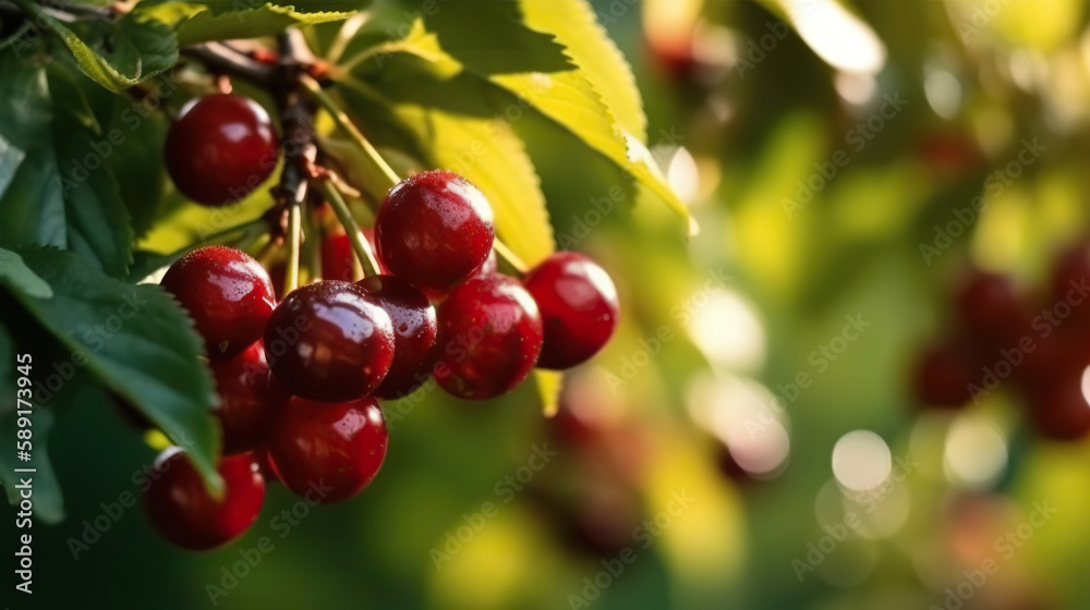 Delicious maroon cherries growing in the garden. Based on Generative AI Delicious maroon cherries growing in the garden. Based on Generative AI