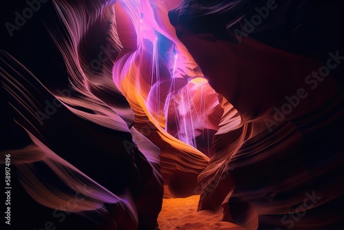 Antelope Canyon in Arizona, lights and rock textures. , Generative AI
