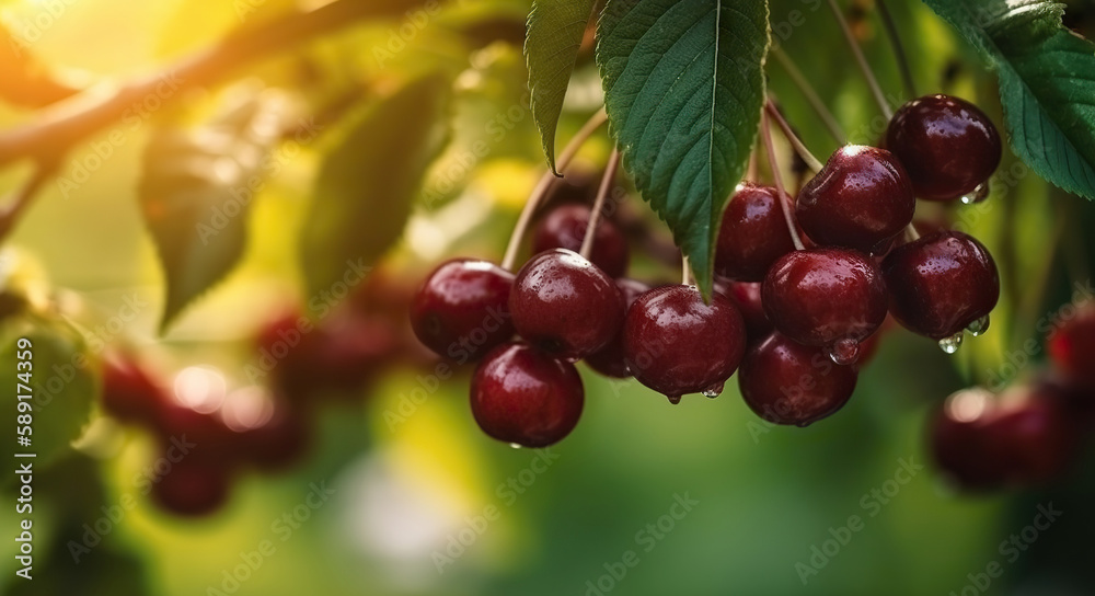 Delicious maroon cherries growing in the garden. Based on Generative AI Delicious maroon cherries growing in the garden. Based on Generative AI