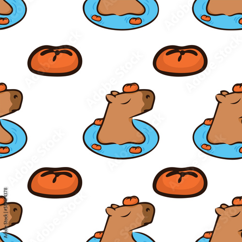 Funny pattern with capybaras. Repetitive design element. Relaxing capybara in water with tangerines. Vector illustration isolated on white background. Simple image