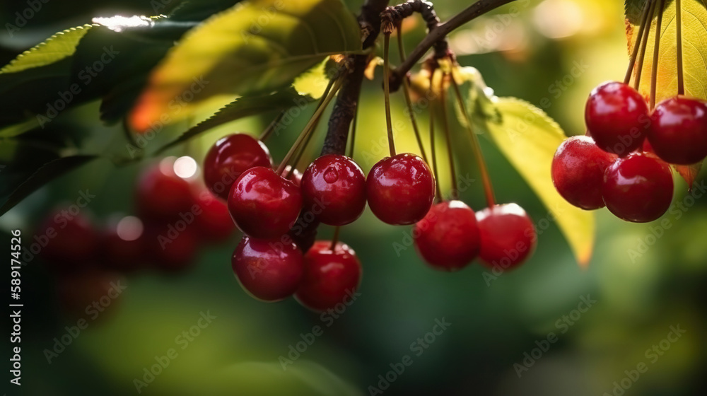 Obraz premium Delicious maroon cherries growing in the garden. Based on Generative AI