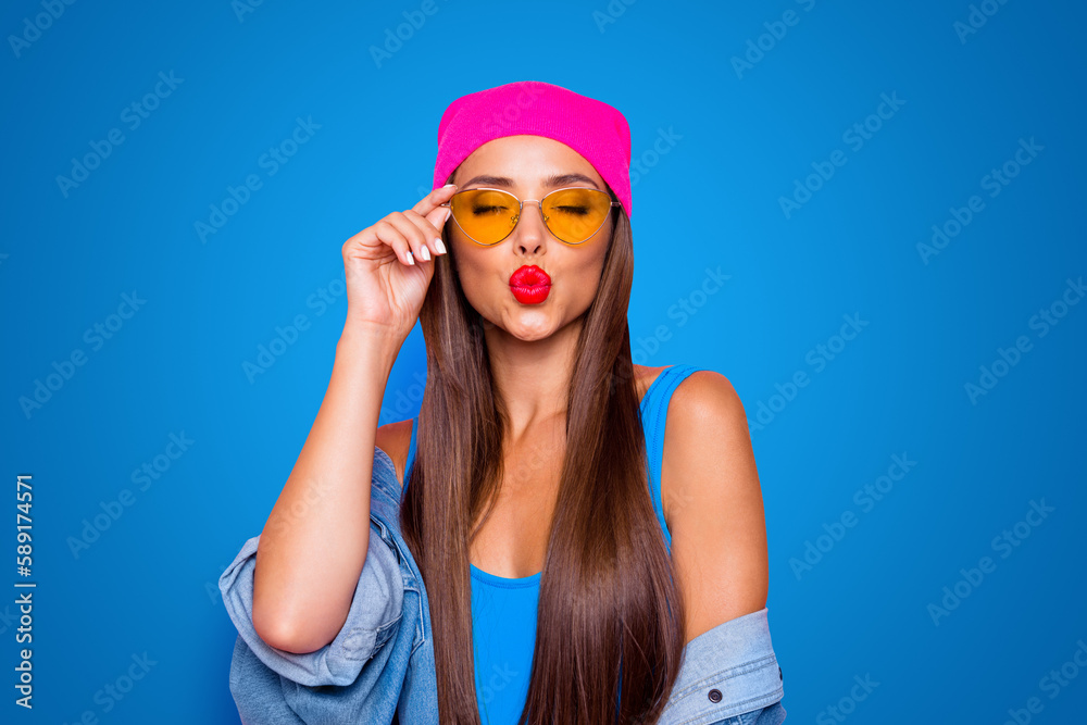 Close up photo portrait of winsome pretty cute lovely sweet glad nice lady sending kiss to you wearing orange transparent glasses closed eyes isolated pastel background Close up photo portrait of winsome pretty cute lovely sweet glad nice lady sending kiss to you wearing orange transparent glasses closed eyes isolated pastel background