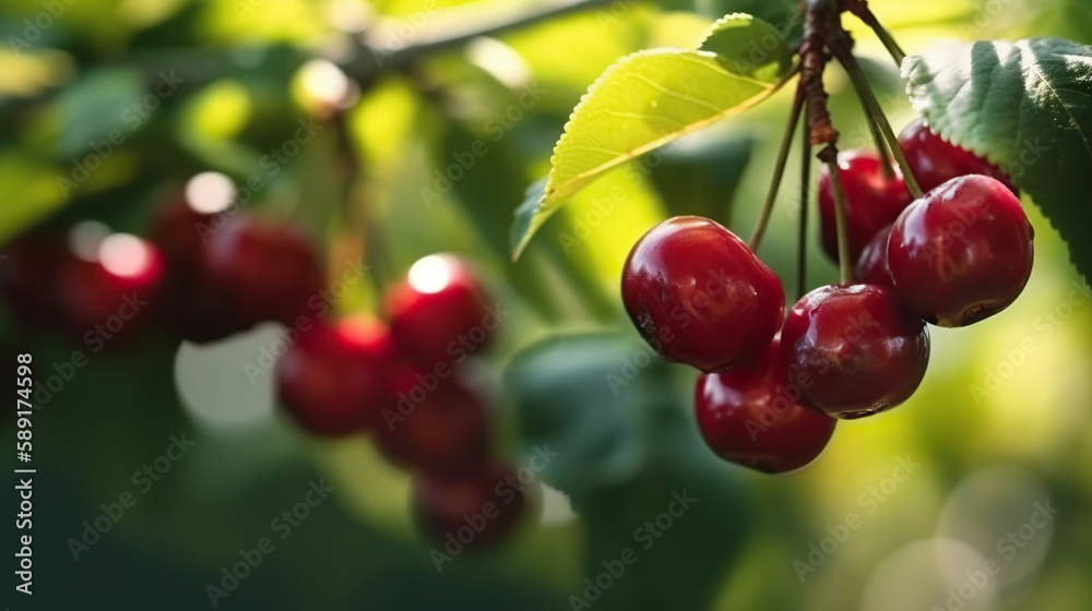 Delicious maroon cherries growing in the garden. Based on Generative AI Delicious maroon cherries growing in the garden. Based on Generative AI