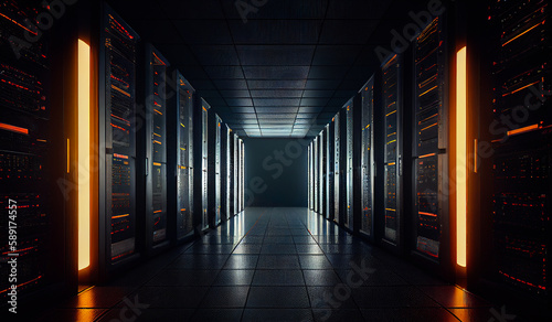 Generative AI image of interior of data center server room at night illuminated by orange lights with rows of black cabinets protecting servers with display of data numbers photo
