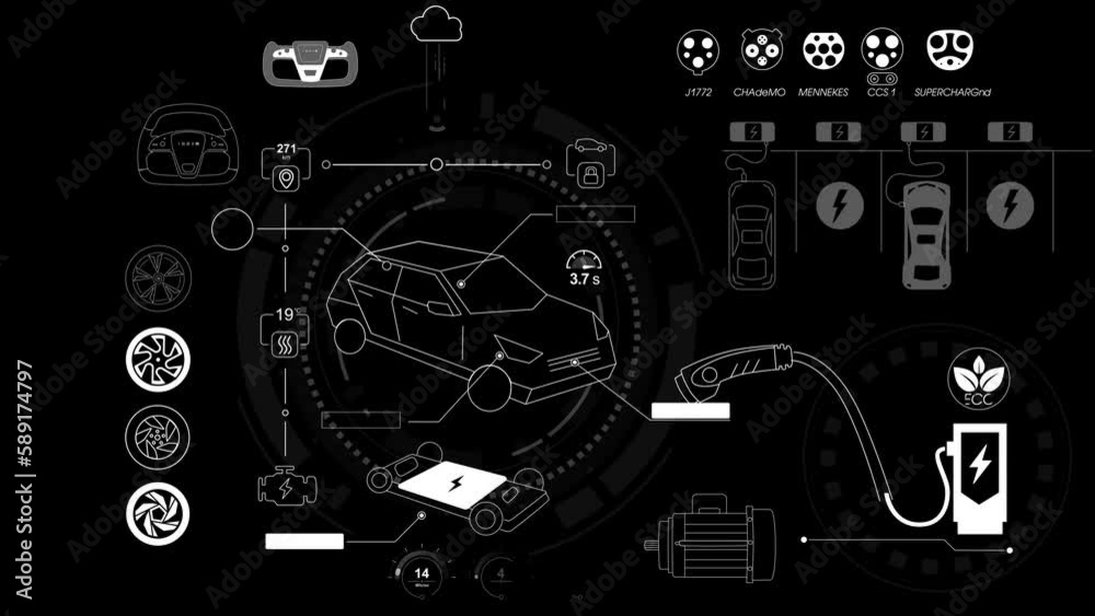 The digital screen of car infographics with animated hud elements, sliders, data, engine, and wheel. The perspective user interface moves closely to the viewer.