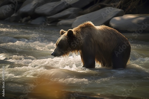 Brown bearÂ( UrsusÂ arctos) fishing for salmon in river, Generative AI