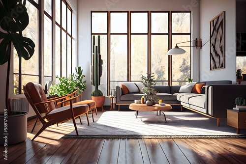 Large and open living room den sun room with windows on two sides and lots of natural light flowing in. There is a window seat on one side and a leather couch and plant on the other, Generative AI
