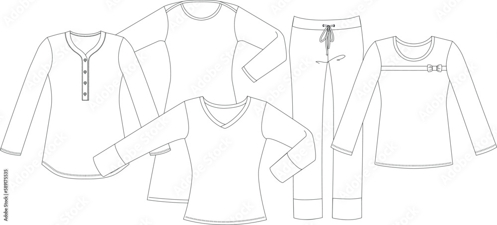 Pajamas technical sketch. Women outline nightwear design template isolated on white background. Pajamas technical sketch. Women outline nightwear design template isolated on white background.