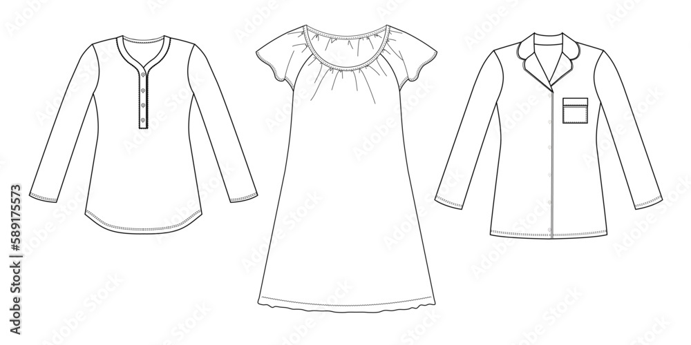 Pajamas technical sketch. Women outline nightwear design template isolated on white background. Pajamas technical sketch. Women outline nightwear design template isolated on white background.