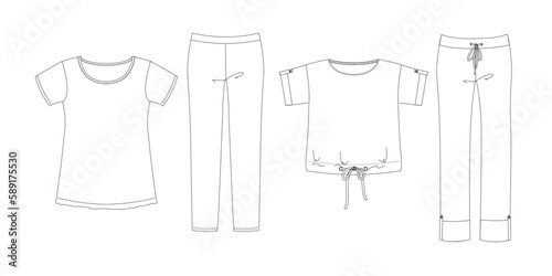 Pajamas technical sketch. Women outline nightwear design template isolated on white background.